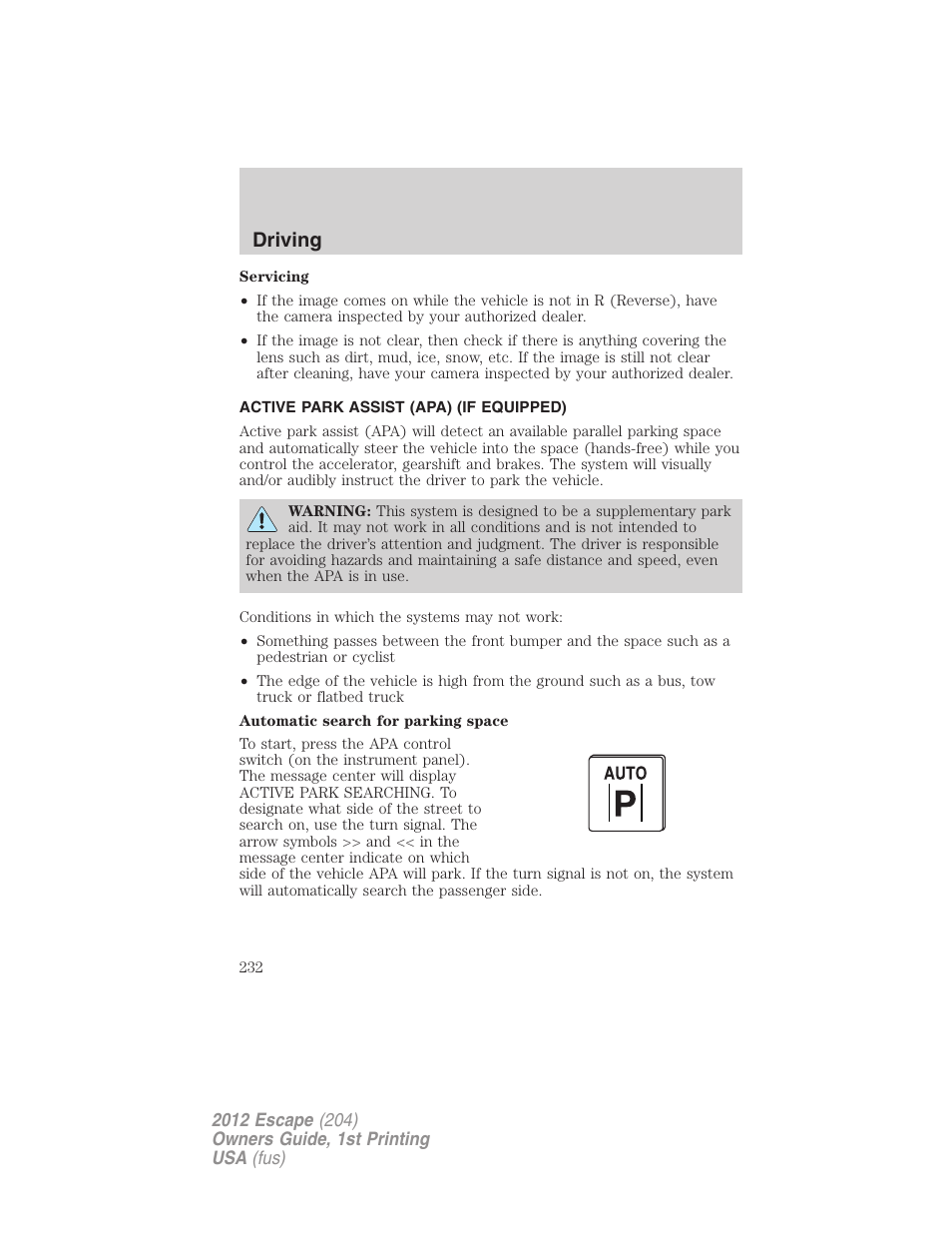 Active park assist (apa) (if equipped), Driving | FORD 2012 Escape v.1 User Manual | Page 232 / 361