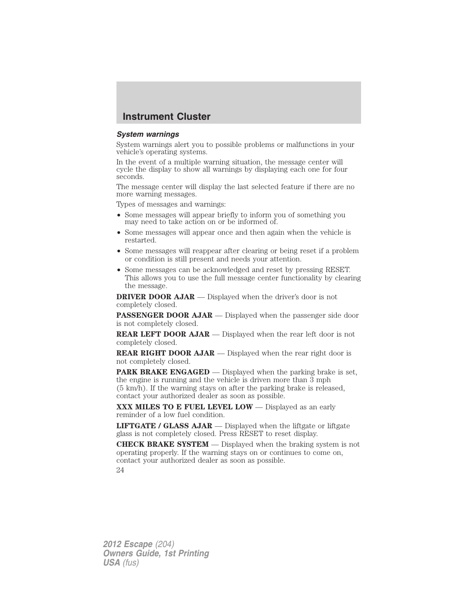 System warnings, Instrument cluster | FORD 2012 Escape v.1 User Manual | Page 24 / 361