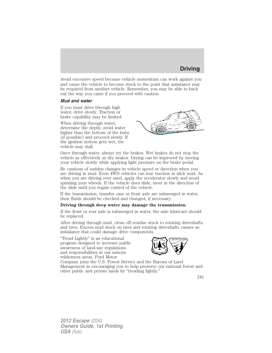Mud and water, Driving | FORD 2012 Escape v.1 User Manual | Page 241 / 361