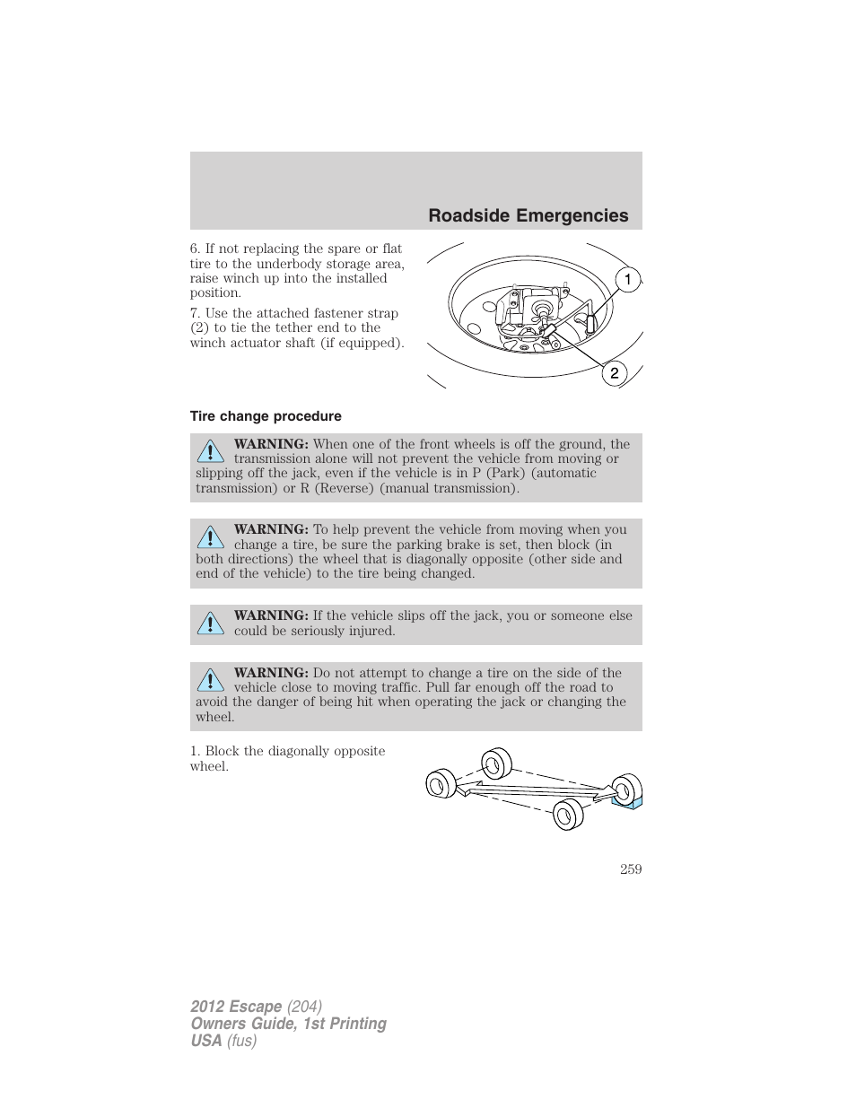 Tire change procedure, Roadside emergencies | FORD 2012 Escape v.1 User Manual | Page 259 / 361