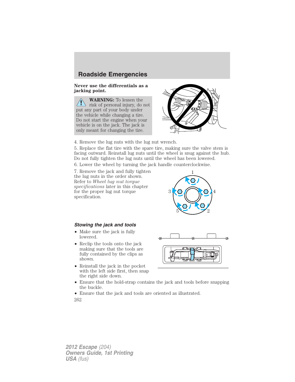 Stowing the jack and tools, Roadside emergencies | FORD 2012 Escape v.1 User Manual | Page 262 / 361