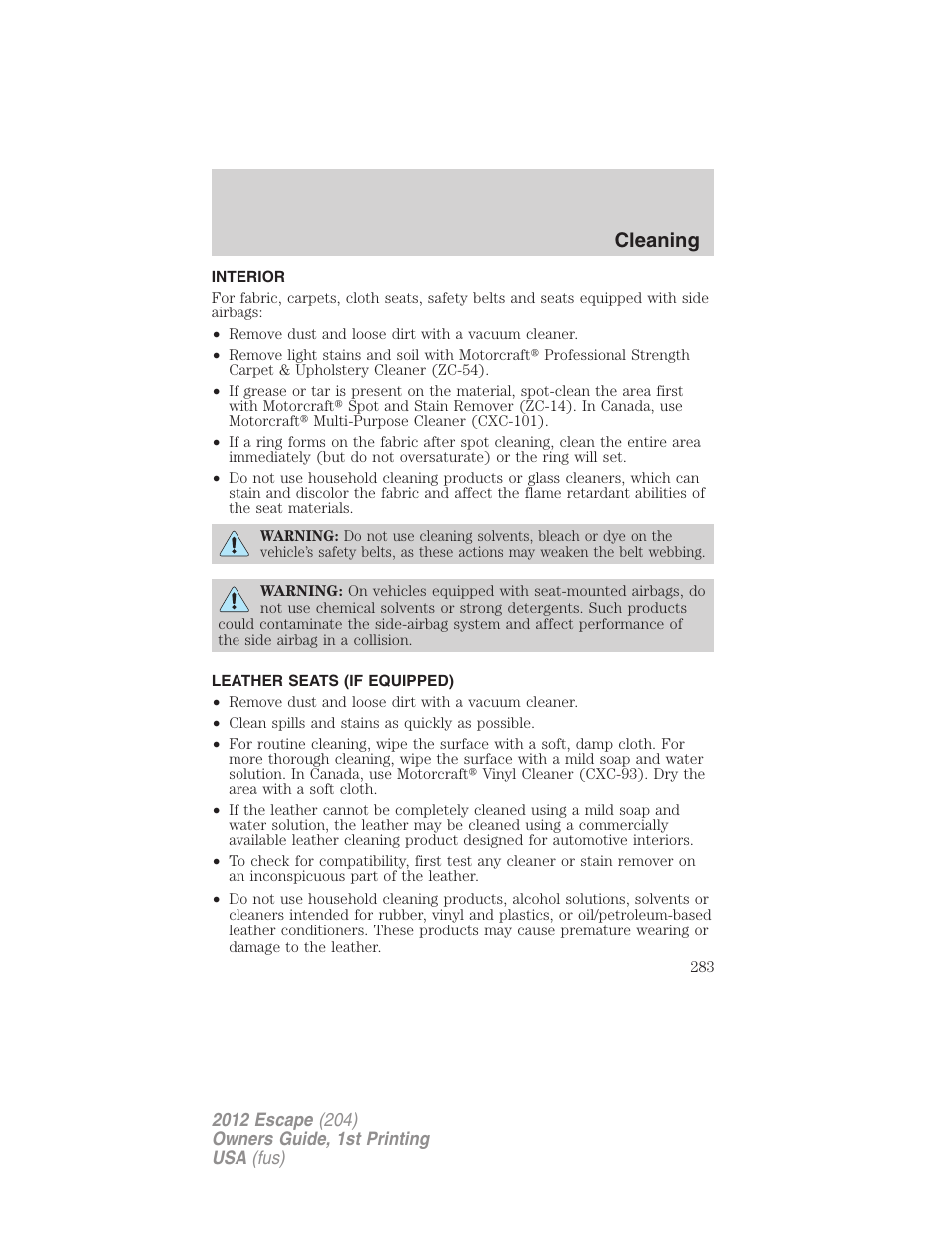 Interior, Leather seats (if equipped), Cleaning | FORD 2012 Escape v.1 User Manual | Page 283 / 361