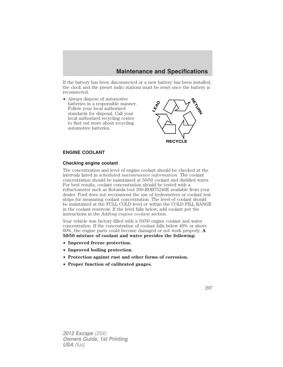 Engine coolant, Checking engine coolant, Maintenance and specifications | FORD 2012 Escape v.1 User Manual | Page 297 / 361