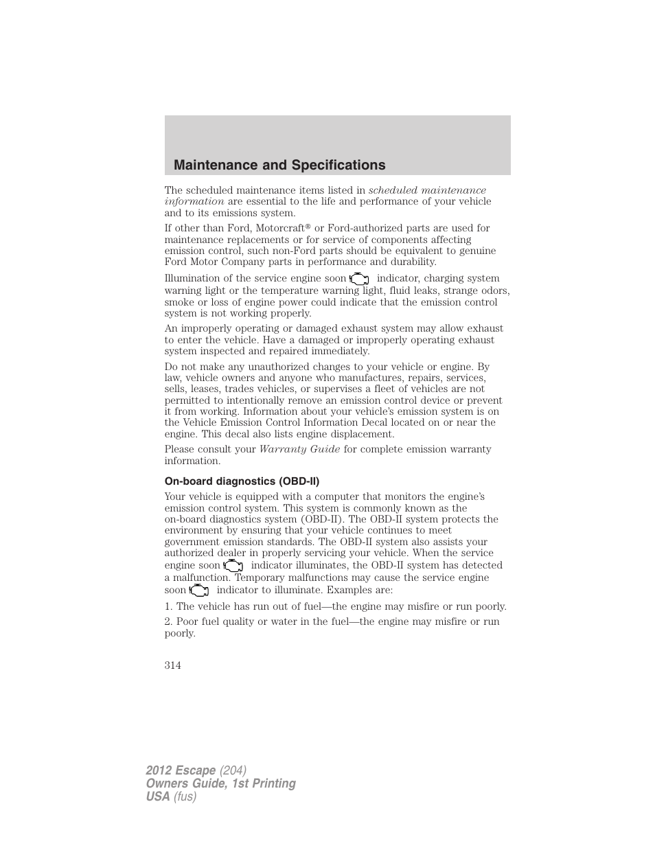 On-board diagnostics (obd-ii), Maintenance and specifications | FORD 2012 Escape v.1 User Manual | Page 314 / 361
