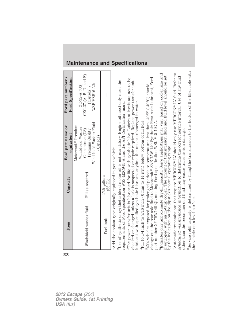 Maintenance and specifications | FORD 2012 Escape v.1 User Manual | Page 326 / 361