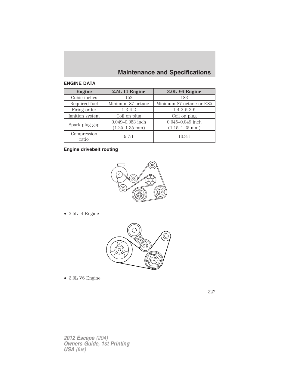 Engine data, Engine drivebelt routing, Maintenance and specifications | FORD 2012 Escape v.1 User Manual | Page 327 / 361