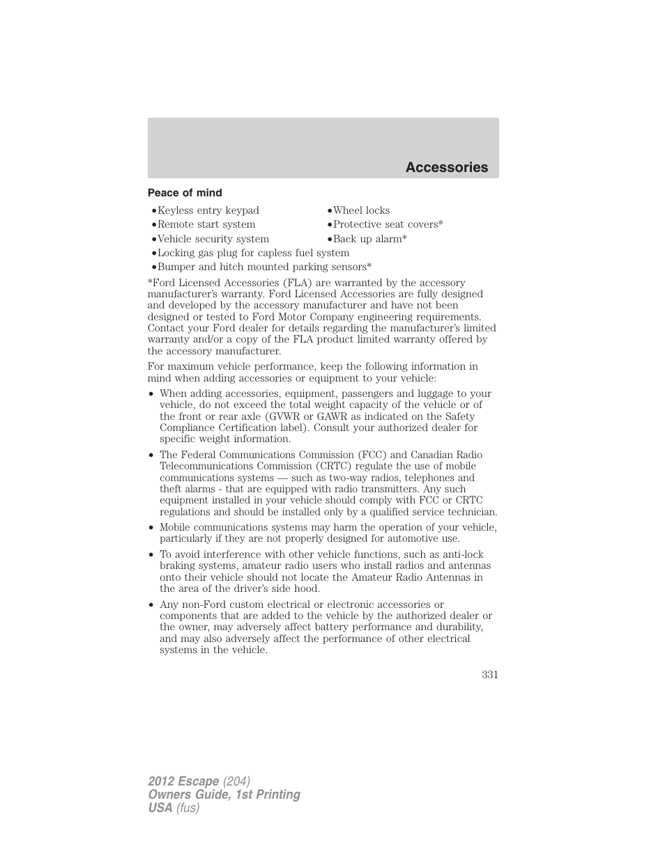 Peace of mind, Accessories | FORD 2012 Escape v.1 User Manual | Page 331 / 361