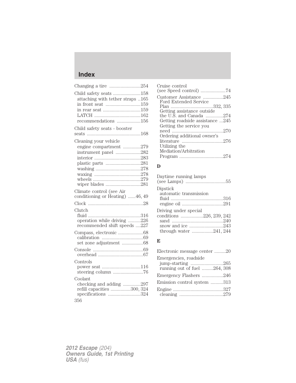 Index | FORD 2012 Escape v.1 User Manual | Page 356 / 361