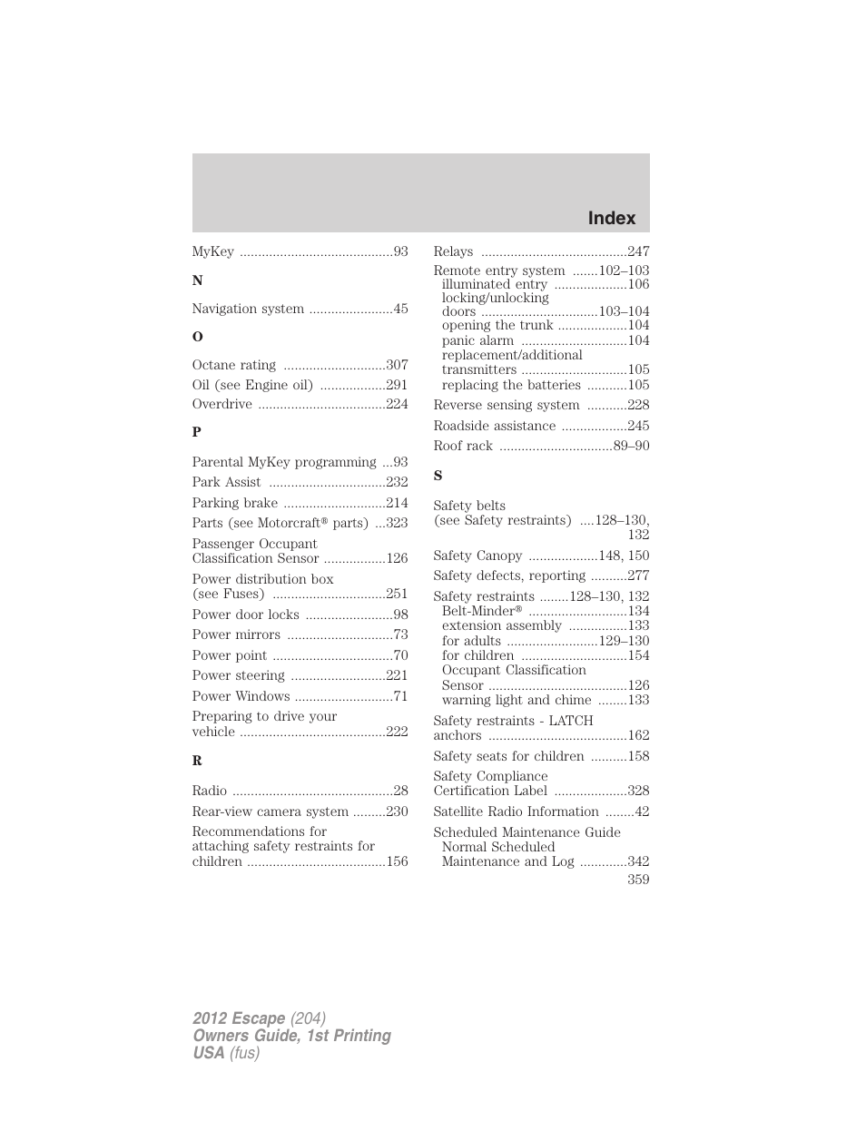 Index | FORD 2012 Escape v.1 User Manual | Page 359 / 361