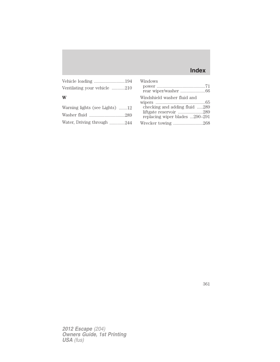 Index | FORD 2012 Escape v.1 User Manual | Page 361 / 361