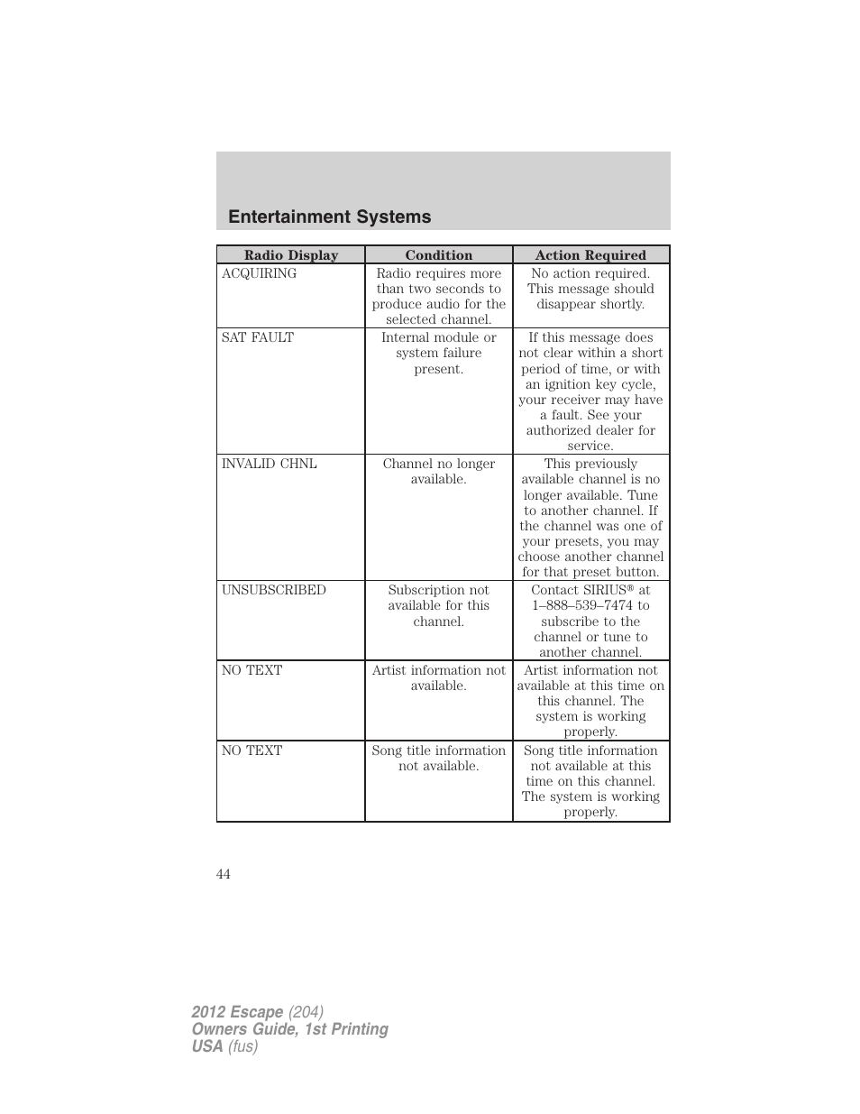 Entertainment systems | FORD 2012 Escape v.1 User Manual | Page 44 / 361