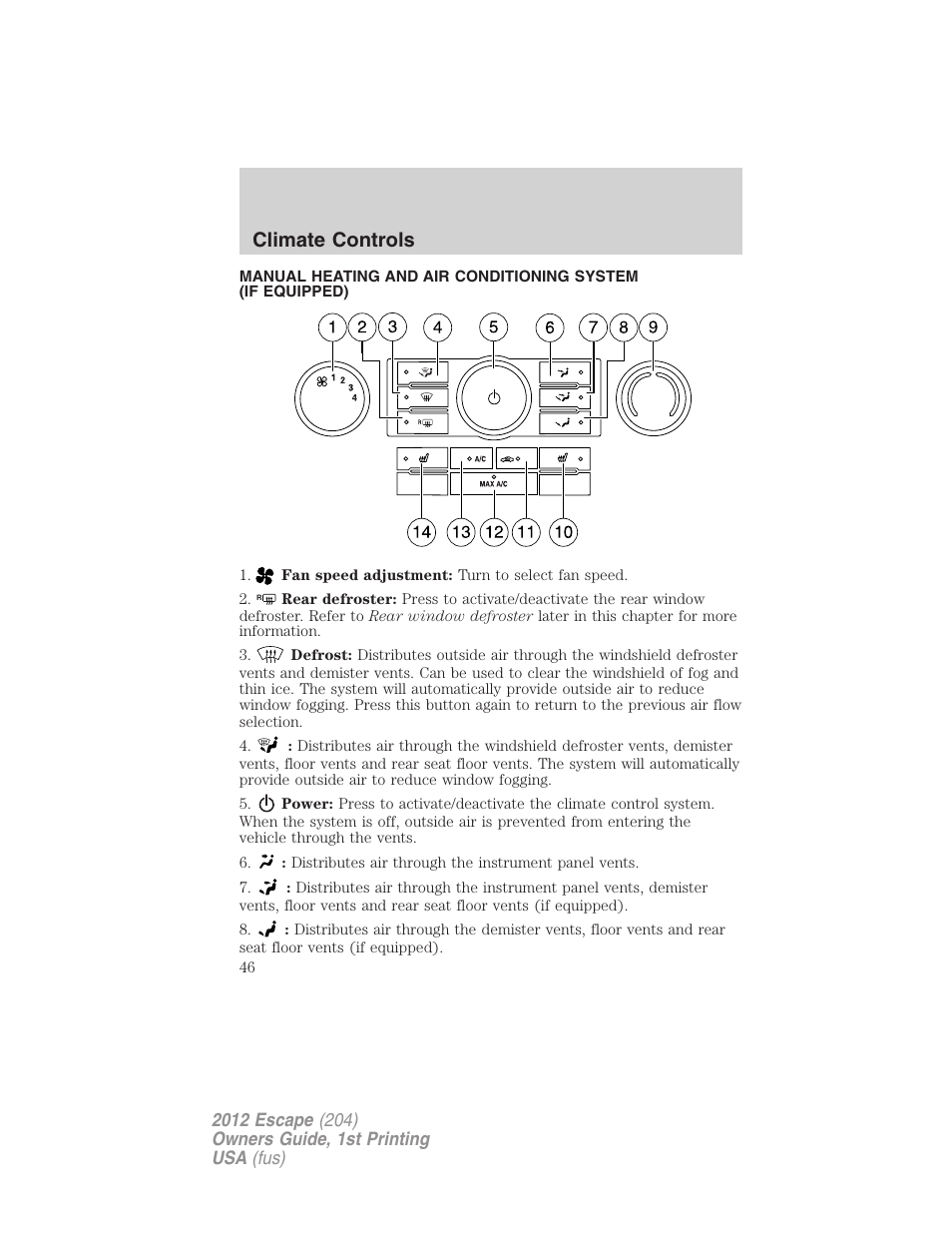 Climate controls, Manual heating and air conditioning | FORD 2012 Escape v.1 User Manual | Page 46 / 361