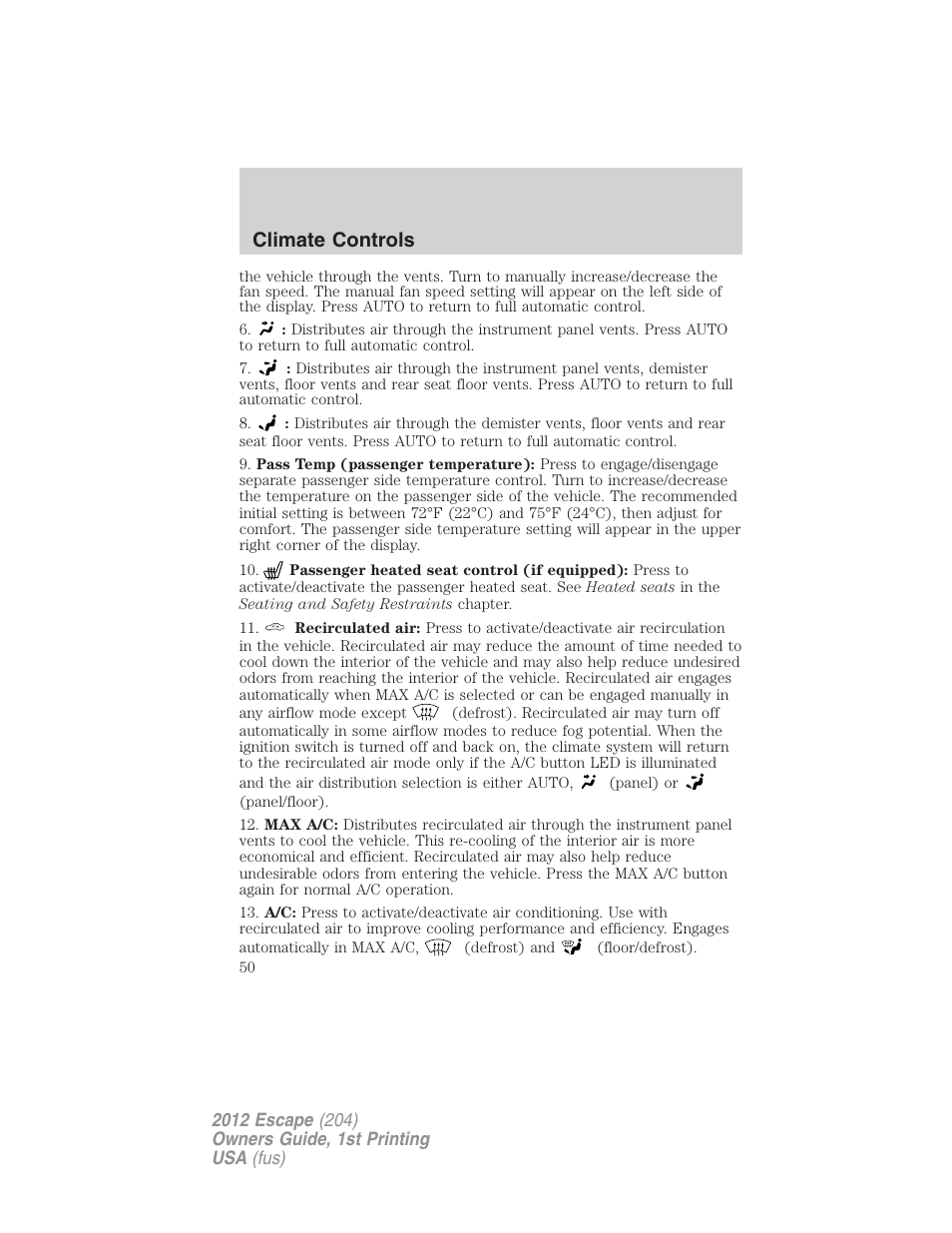 Climate controls | FORD 2012 Escape v.1 User Manual | Page 50 / 361