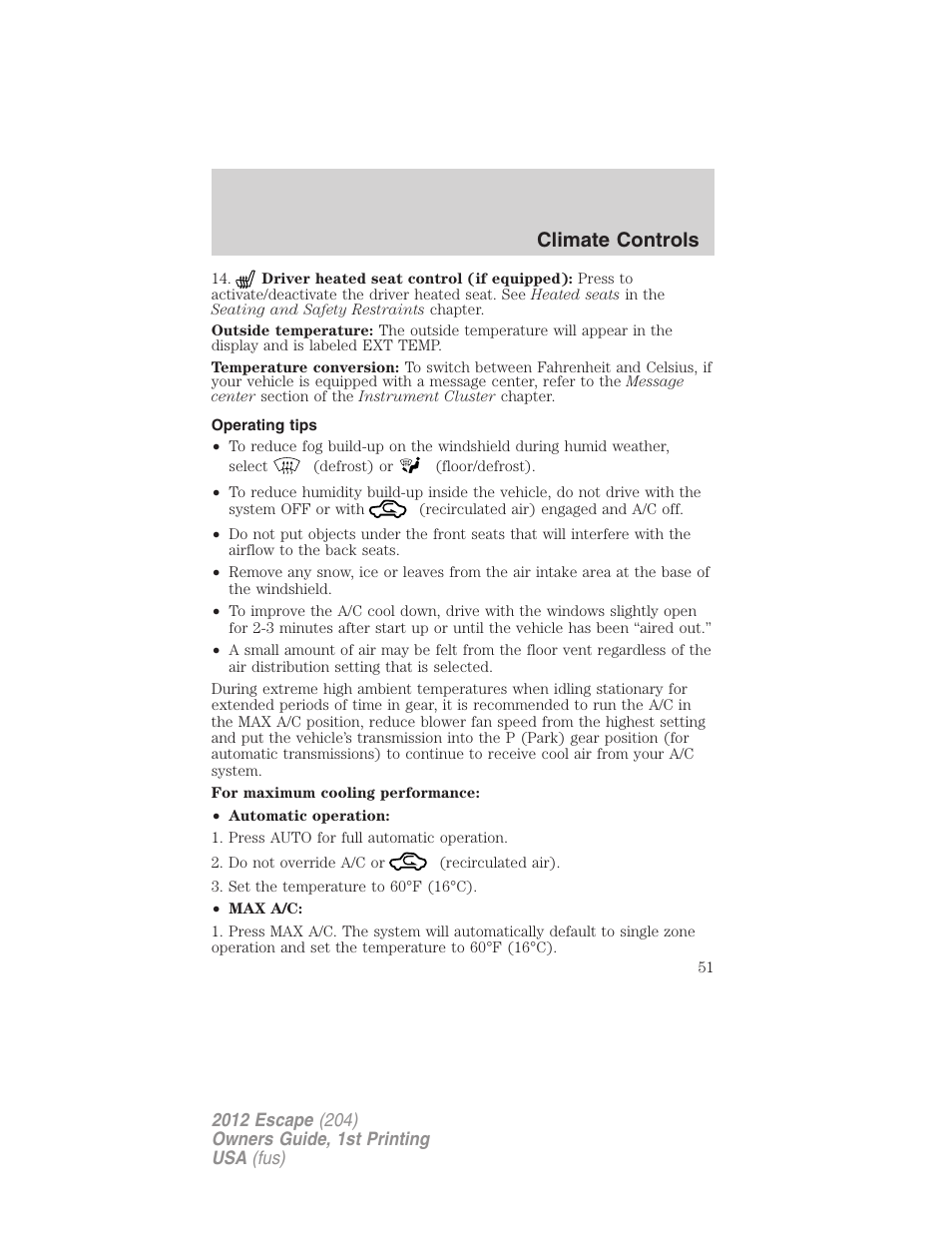 Operating tips, Climate controls | FORD 2012 Escape v.1 User Manual | Page 51 / 361