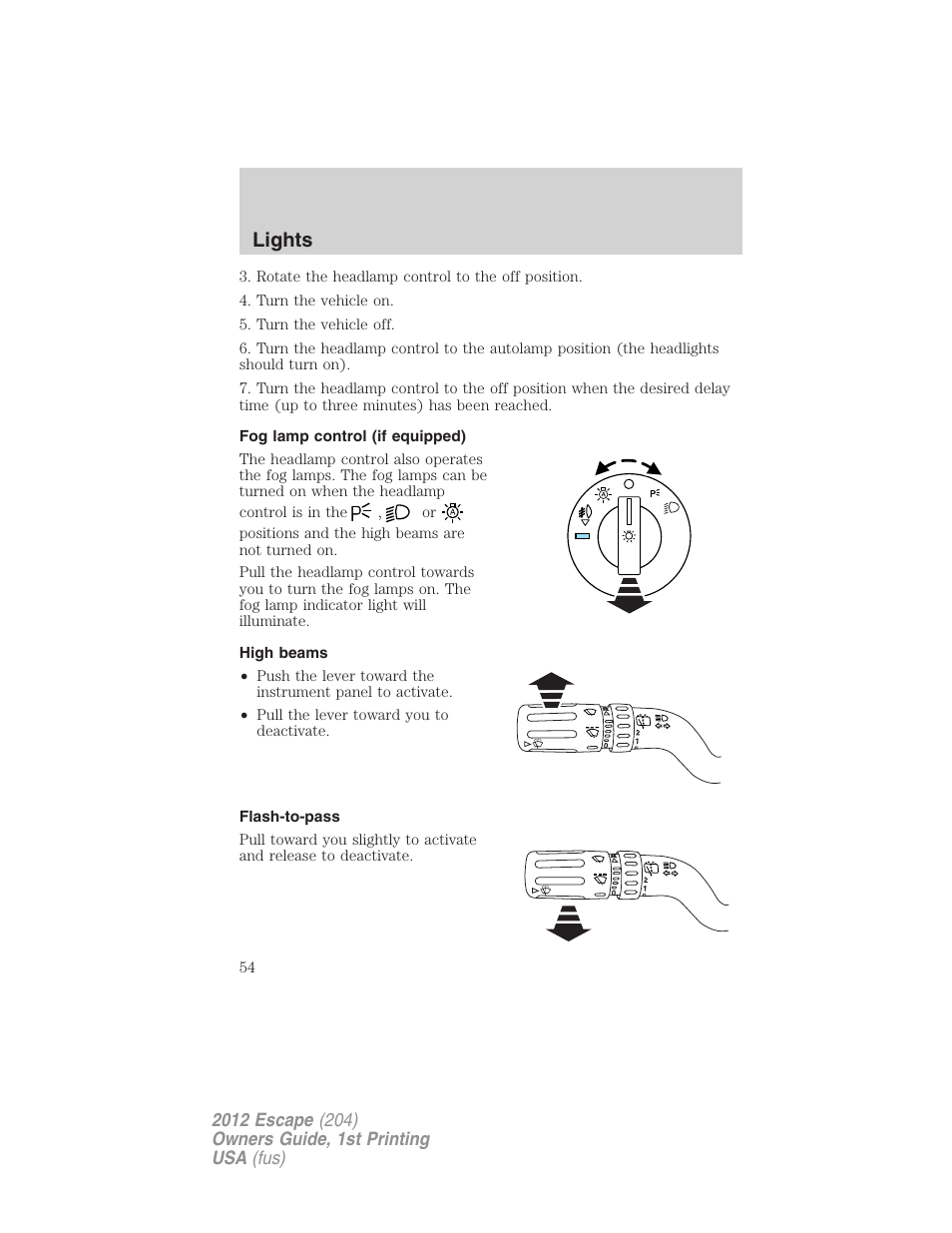 Fog lamp control (if equipped), High beams, Flash-to-pass | Lights | FORD 2012 Escape v.1 User Manual | Page 54 / 361