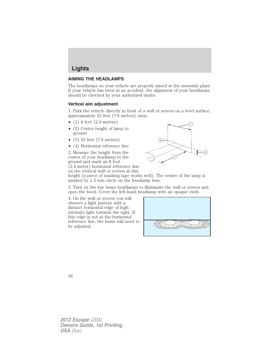 Aiming the headlamps, Vertical aim adjustment, Lights | FORD 2012 Escape v.1 User Manual | Page 56 / 361