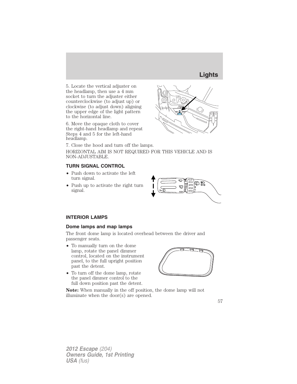 Turn signal control, Interior lamps, Dome lamps and map lamps | Lights | FORD 2012 Escape v.1 User Manual | Page 57 / 361