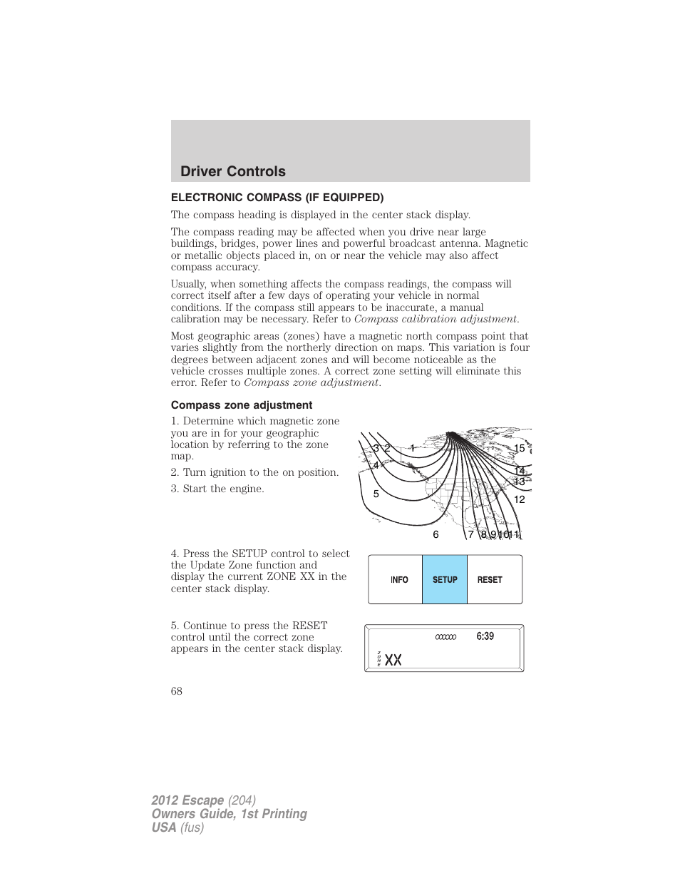 Electronic compass (if equipped), Compass zone adjustment, Driver controls | FORD 2012 Escape v.1 User Manual | Page 68 / 361