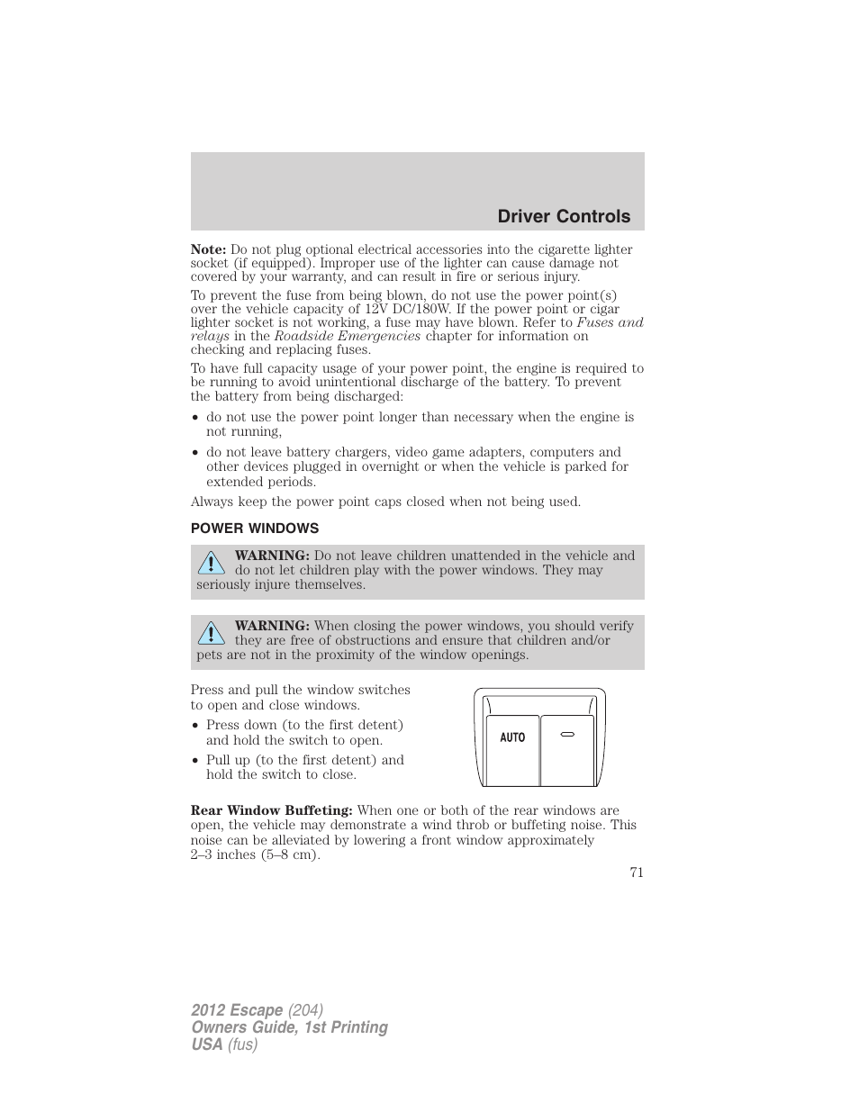Power windows, Driver controls | FORD 2012 Escape v.1 User Manual | Page 71 / 361