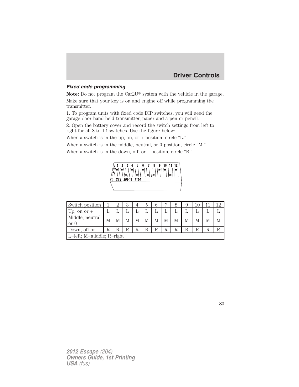 Fixed code programming, Driver controls | FORD 2012 Escape v.1 User Manual | Page 83 / 361
