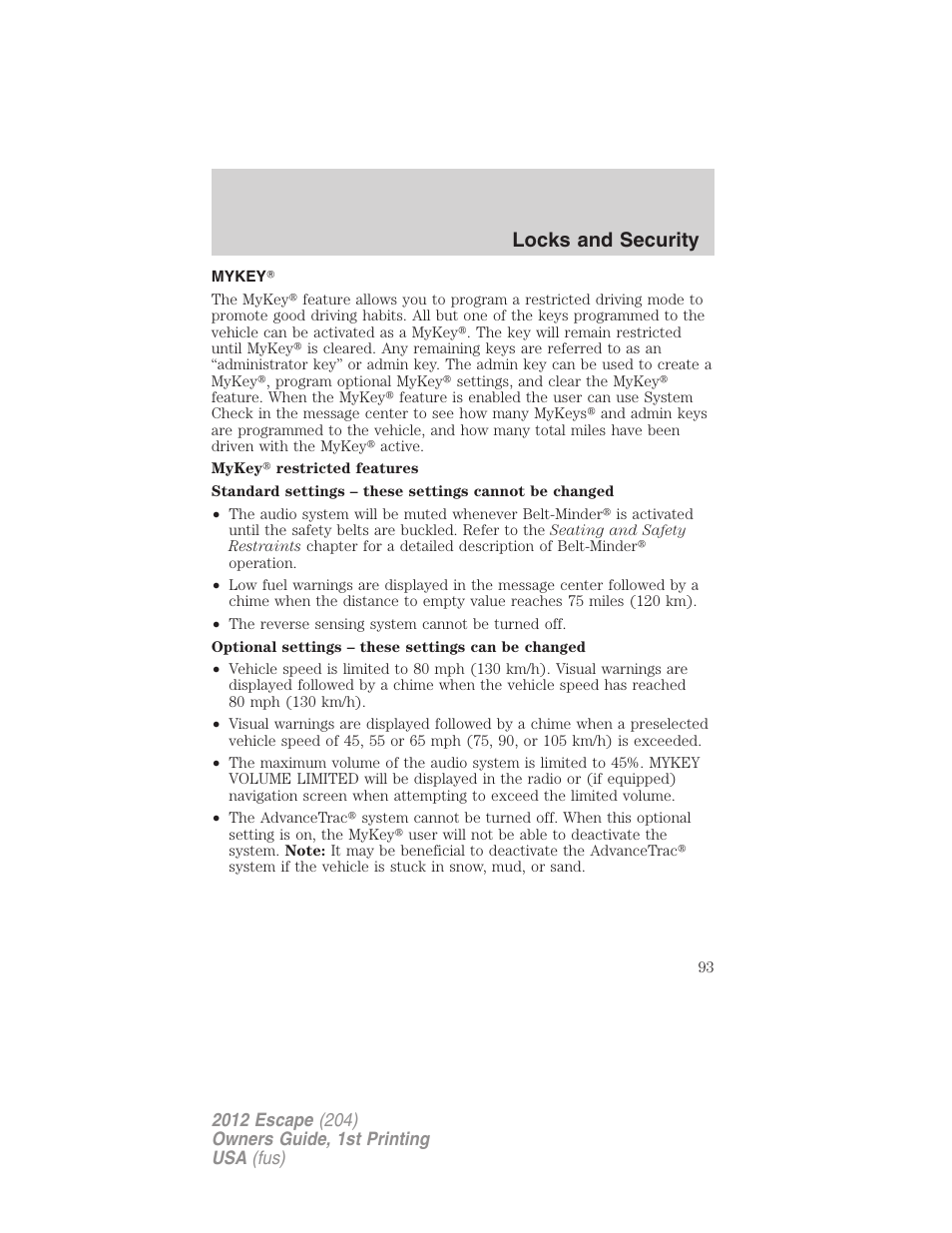 Mykey, Locks and security | FORD 2012 Escape v.1 User Manual | Page 93 / 361
