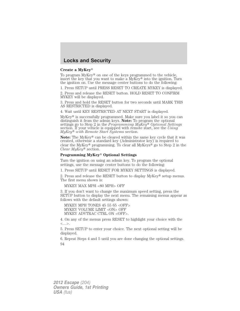 Locks and security | FORD 2012 Escape v.1 User Manual | Page 94 / 361