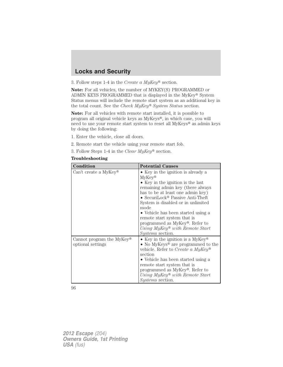Locks and security | FORD 2012 Escape v.1 User Manual | Page 96 / 361