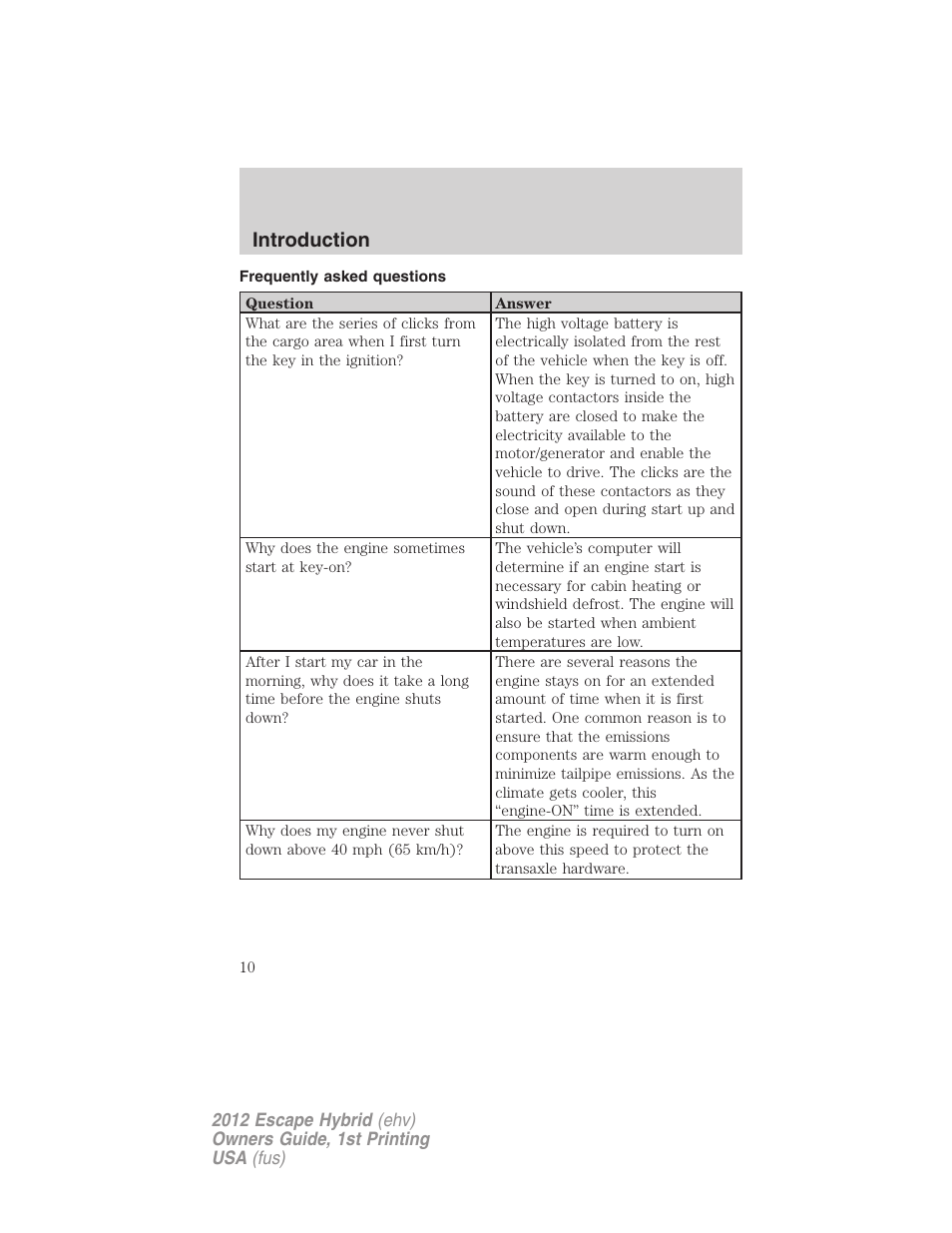 Frequently asked questions, Introduction | FORD 2012 Escape Hybrid User Manual | Page 10 / 358