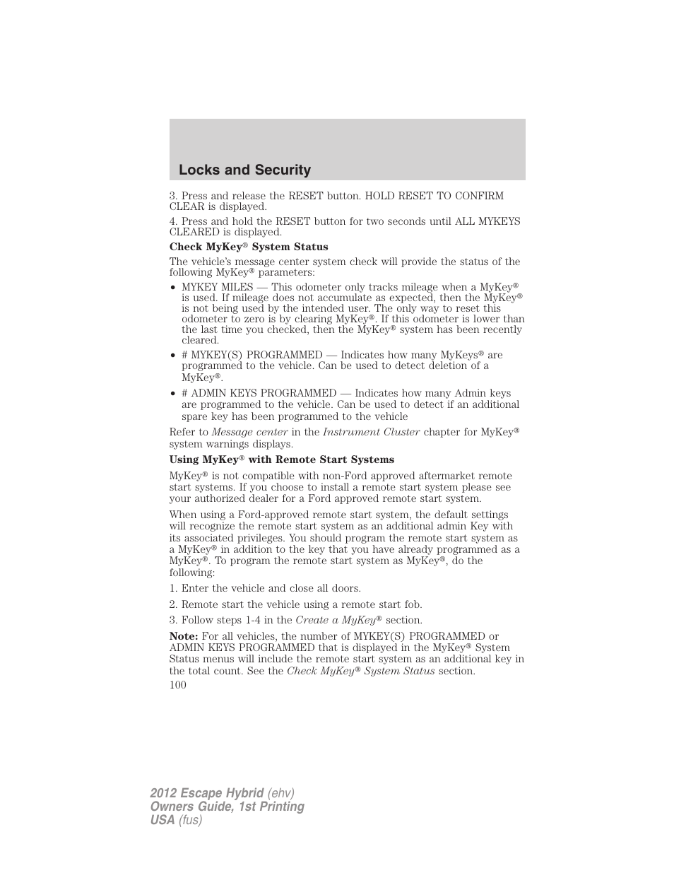 Locks and security | FORD 2012 Escape Hybrid User Manual | Page 100 / 358