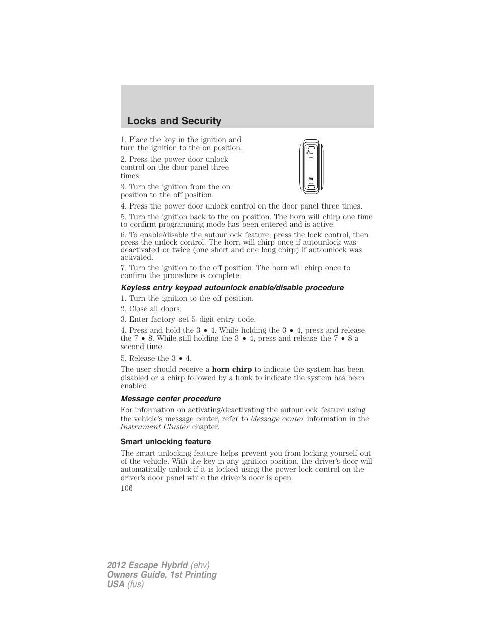 Message center procedure, Smart unlocking feature, Locks and security | FORD 2012 Escape Hybrid User Manual | Page 106 / 358