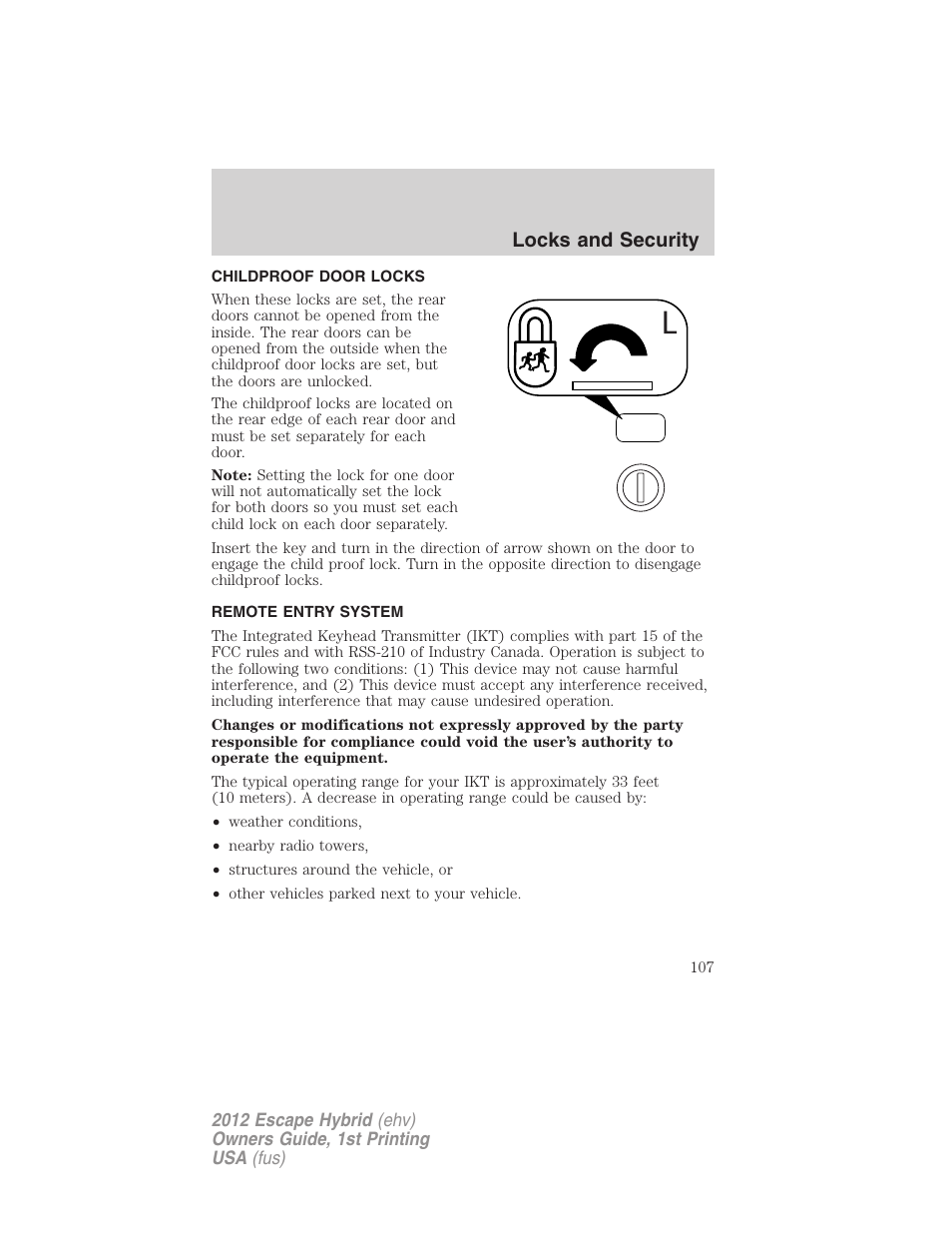 Childproof door locks, Remote entry system, Locks and security | FORD 2012 Escape Hybrid User Manual | Page 107 / 358