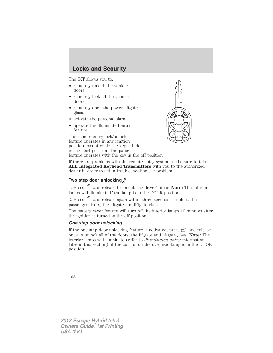 Two step door unlocking, One step door unlocking, Locks and security | FORD 2012 Escape Hybrid User Manual | Page 108 / 358