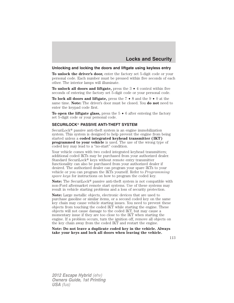 Securilock passive anti-theft system, Anti-theft system, Locks and security | FORD 2012 Escape Hybrid User Manual | Page 113 / 358