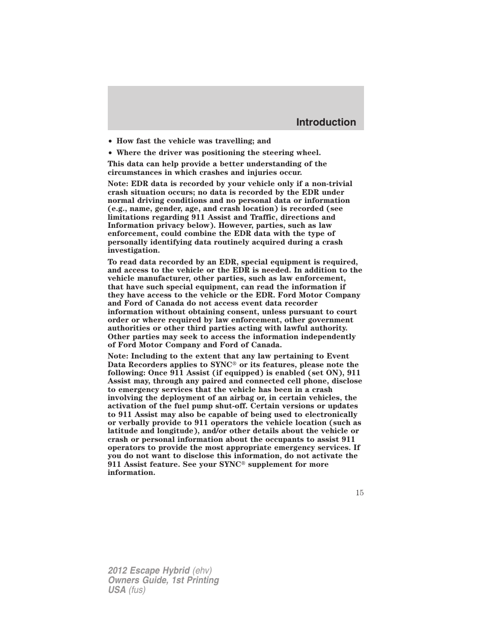 Introduction | FORD 2012 Escape Hybrid User Manual | Page 15 / 358