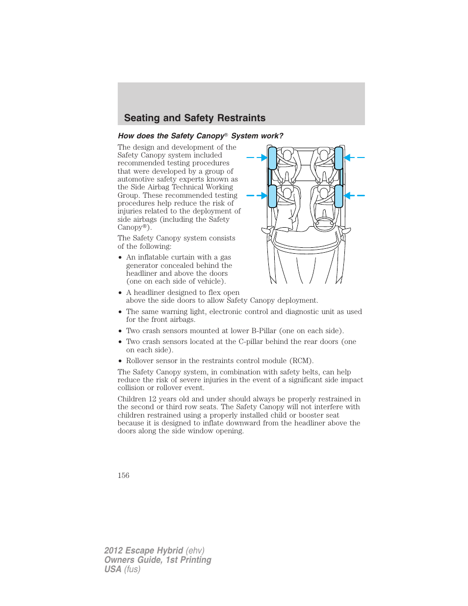 How does the safety canopy system work, Seating and safety restraints | FORD 2012 Escape Hybrid User Manual | Page 156 / 358