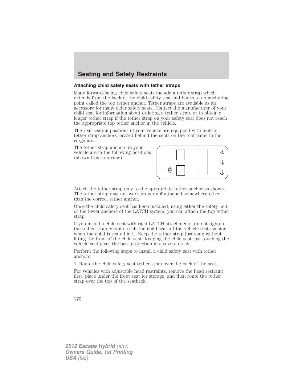 Attaching child safety seats with tether straps, Seating and safety restraints | FORD 2012 Escape Hybrid User Manual | Page 170 / 358