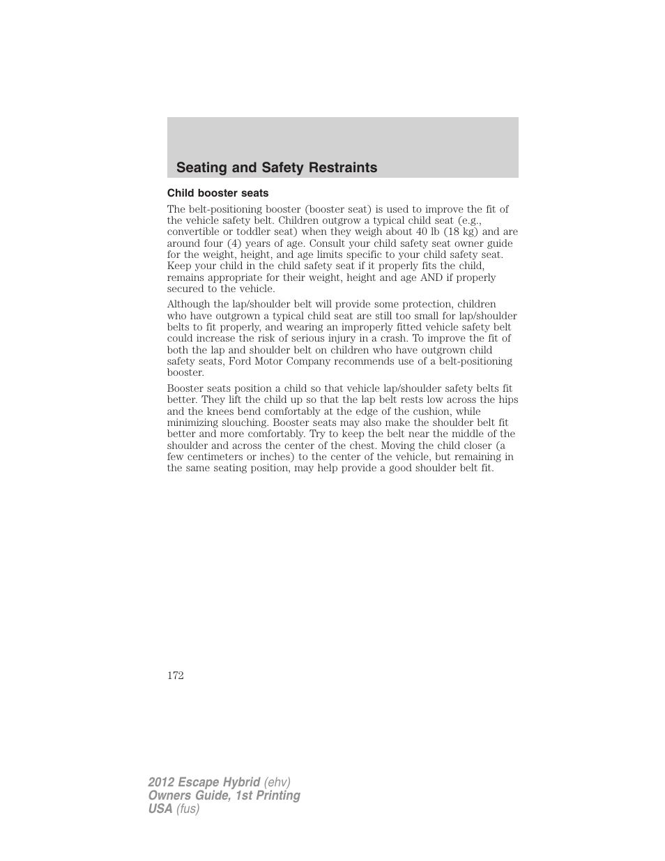 Child booster seats, Seating and safety restraints | FORD 2012 Escape Hybrid User Manual | Page 172 / 358