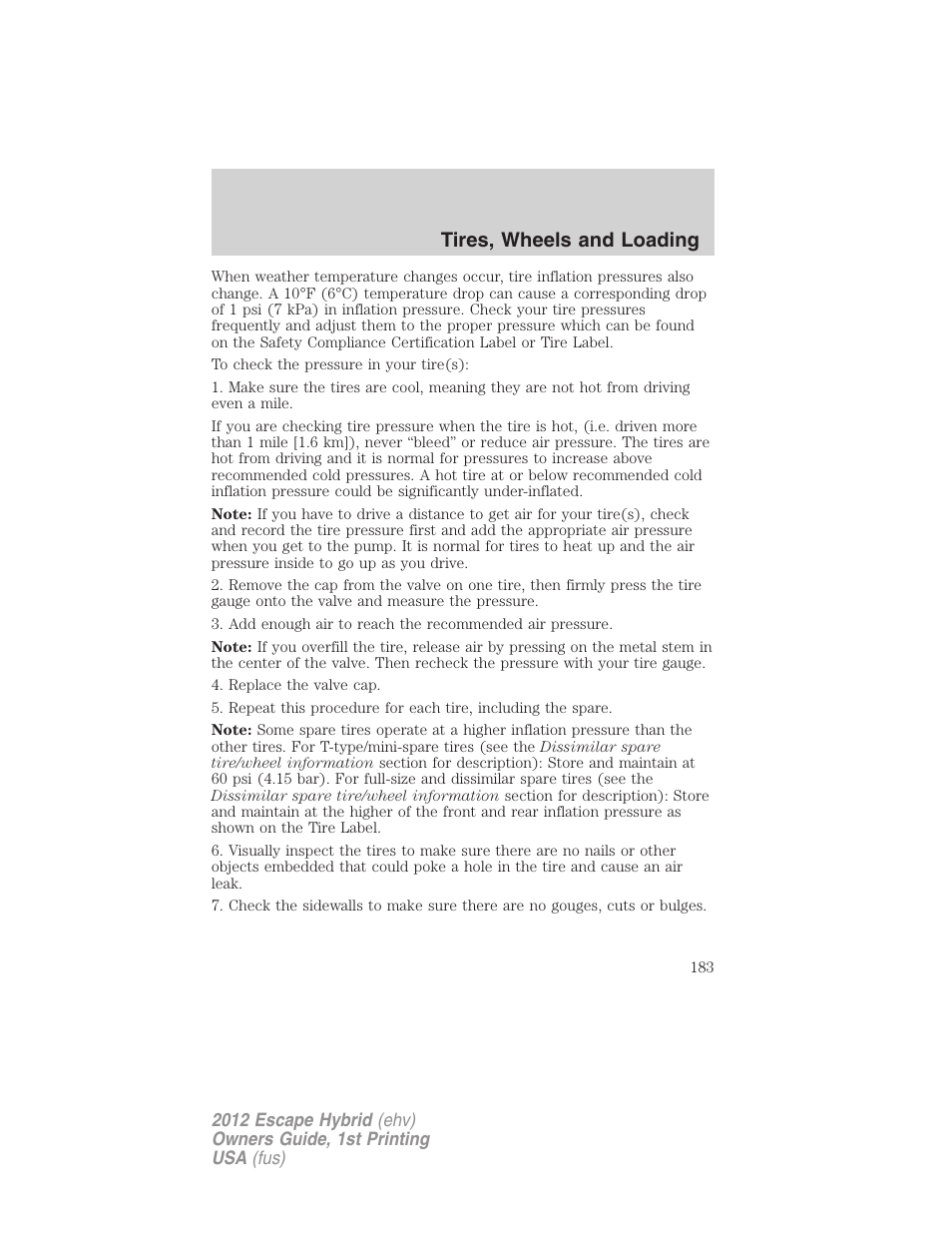 Tires, wheels and loading | FORD 2012 Escape Hybrid User Manual | Page 183 / 358
