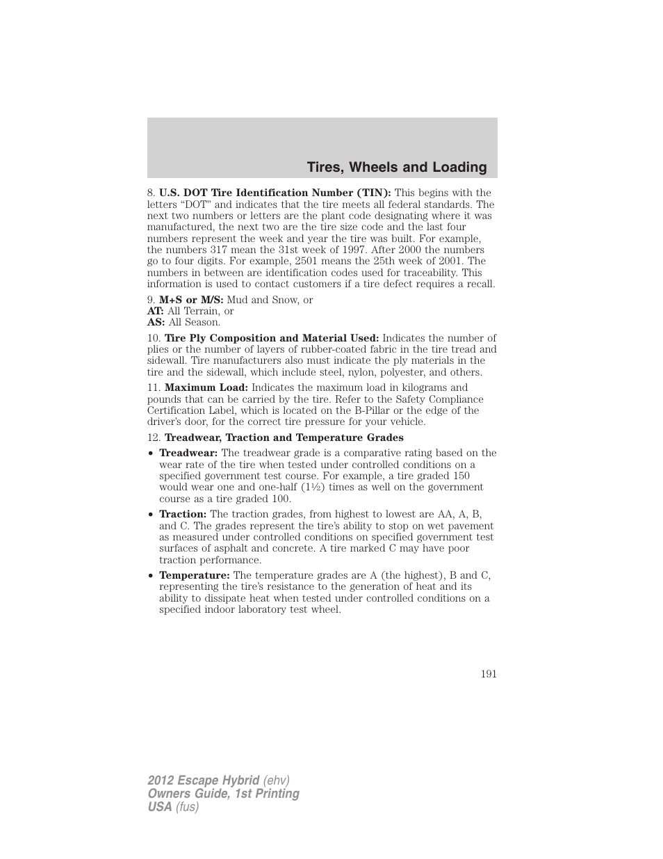 Tires, wheels and loading | FORD 2012 Escape Hybrid User Manual | Page 191 / 358