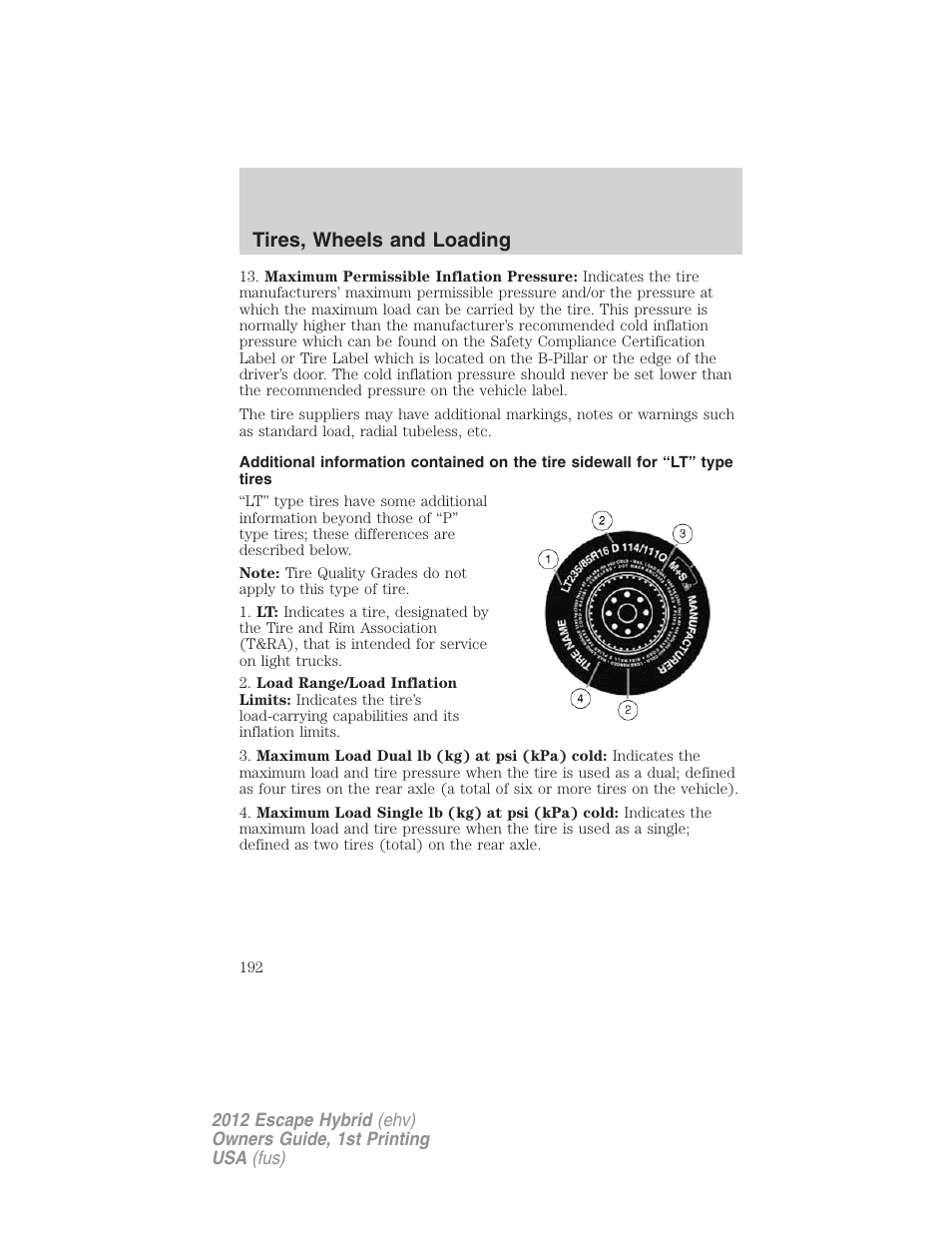 Tires, wheels and loading | FORD 2012 Escape Hybrid User Manual | Page 192 / 358