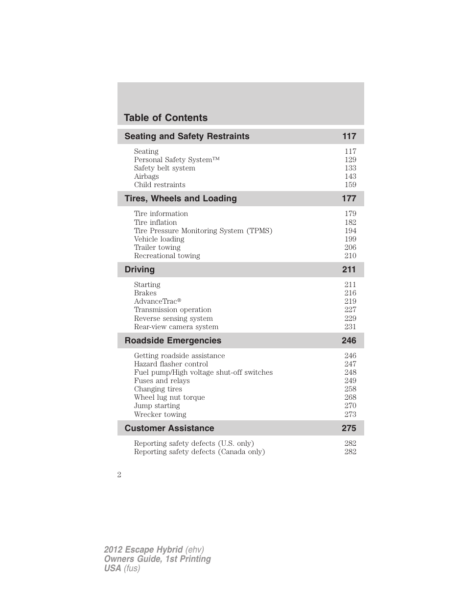 FORD 2012 Escape Hybrid User Manual | Page 2 / 358