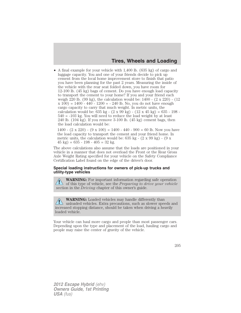 Tires, wheels and loading | FORD 2012 Escape Hybrid User Manual | Page 205 / 358