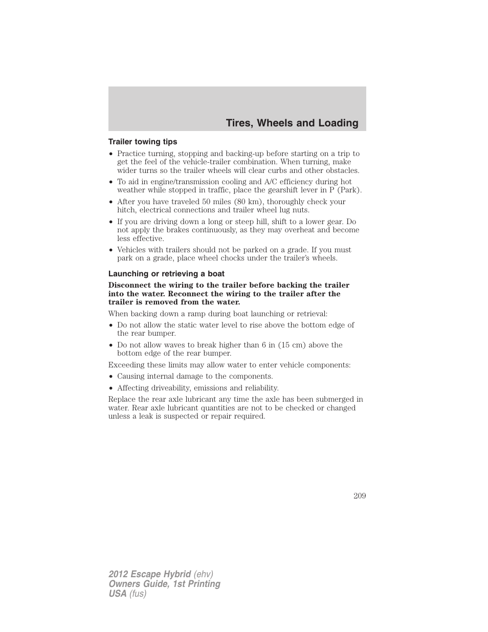 Trailer towing tips, Launching or retrieving a boat, Tires, wheels and loading | FORD 2012 Escape Hybrid User Manual | Page 209 / 358