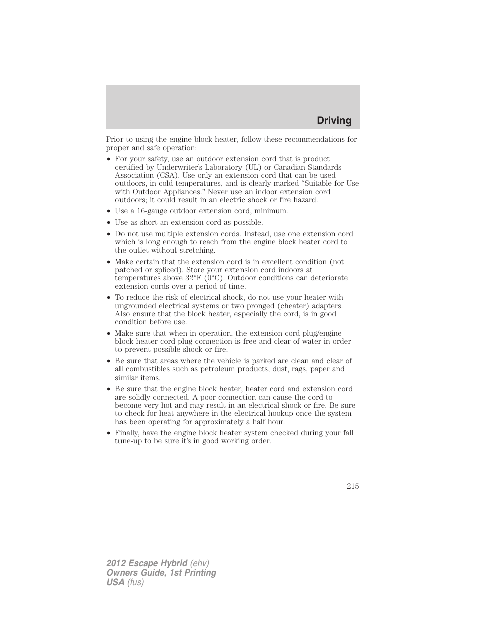 Driving | FORD 2012 Escape Hybrid User Manual | Page 215 / 358
