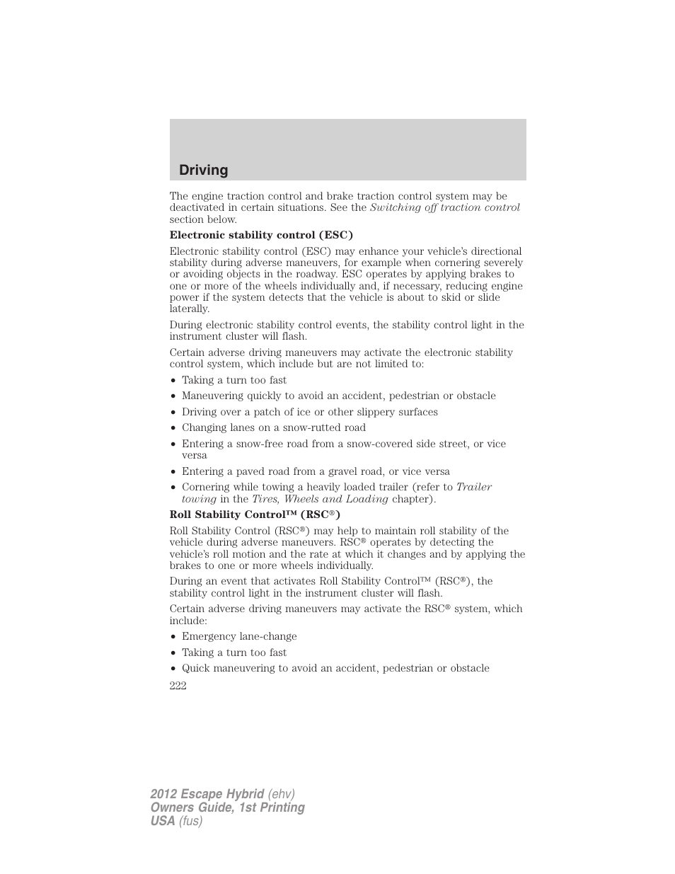 Driving | FORD 2012 Escape Hybrid User Manual | Page 222 / 358