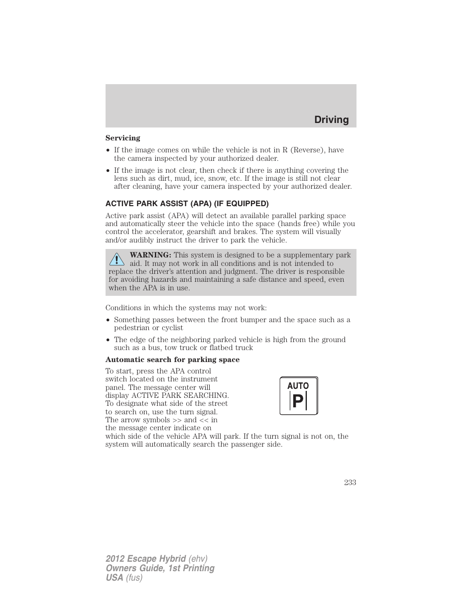 Active park assist (apa) (if equipped), Driving | FORD 2012 Escape Hybrid User Manual | Page 233 / 358