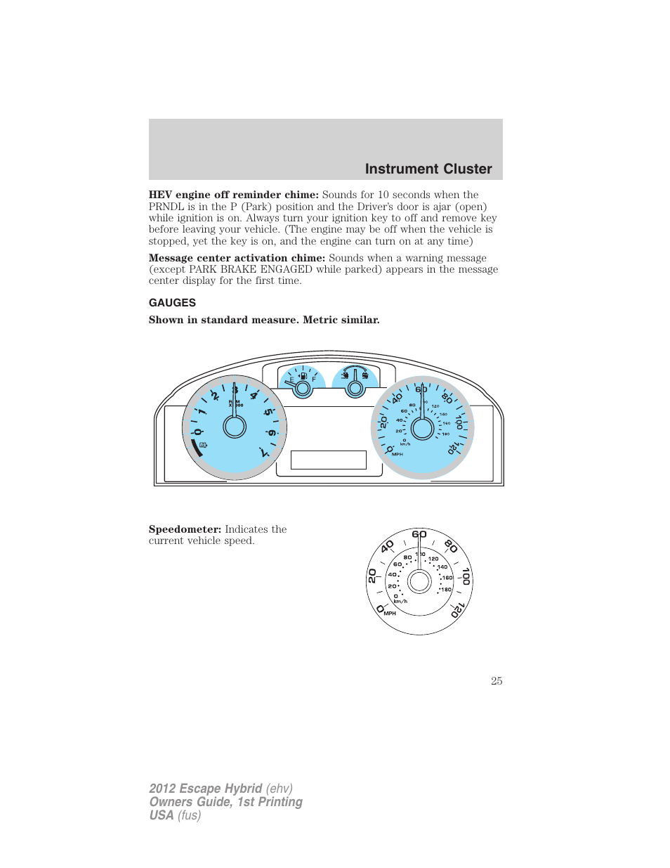 Gauges, Instrument cluster | FORD 2012 Escape Hybrid User Manual | Page 25 / 358