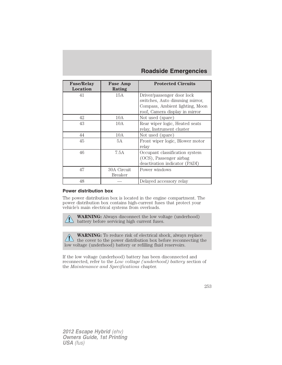 Power distribution box, Roadside emergencies | FORD 2012 Escape Hybrid User Manual | Page 253 / 358