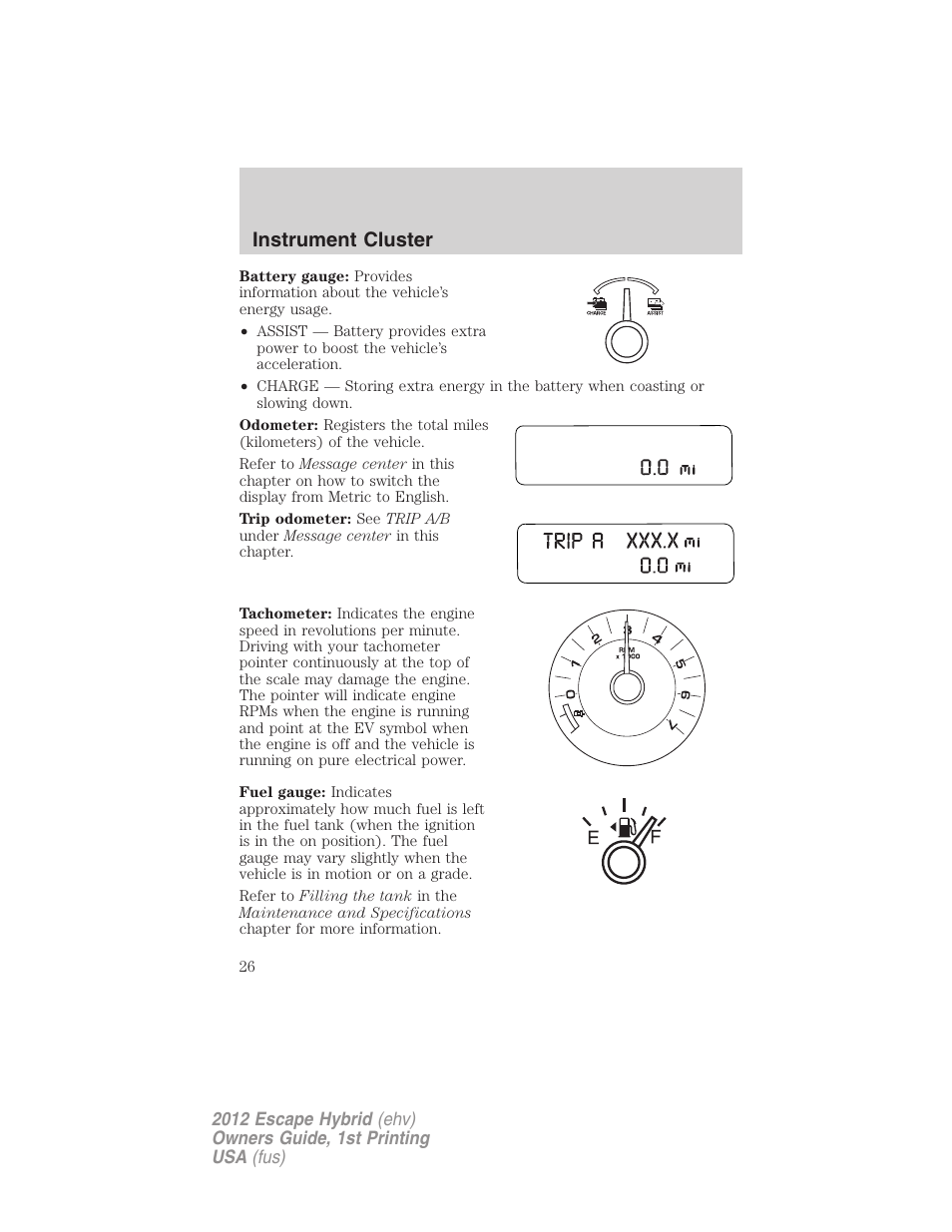 Instrument cluster | FORD 2012 Escape Hybrid User Manual | Page 26 / 358