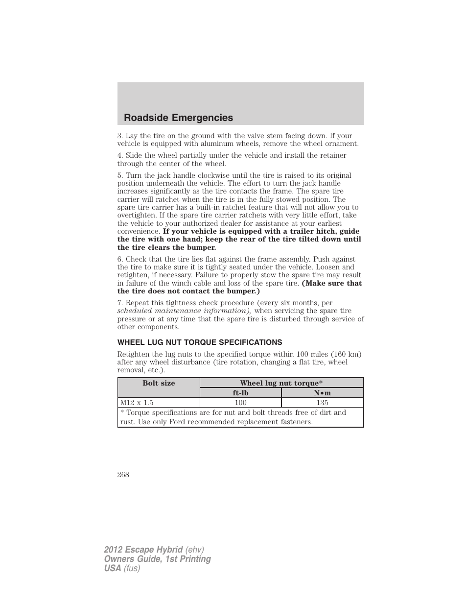 Wheel lug nut torque specifications, Wheel lug nut torque, Roadside emergencies | FORD 2012 Escape Hybrid User Manual | Page 268 / 358